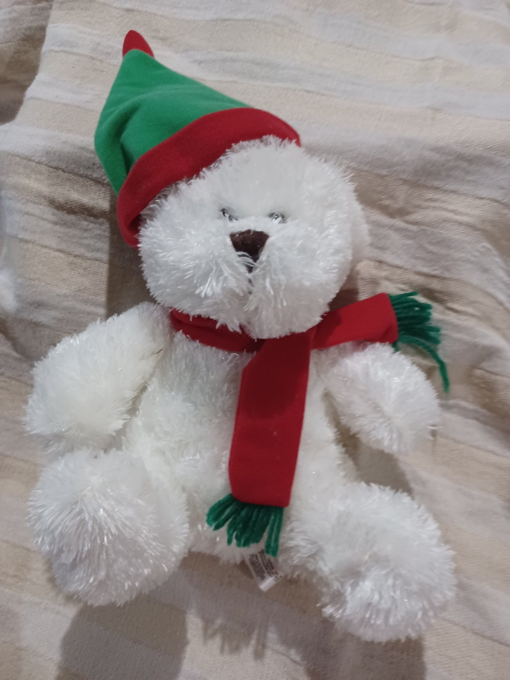 White Plush Teddy Bear with Red Scarf and Green Hat - Holiday Soft Toy